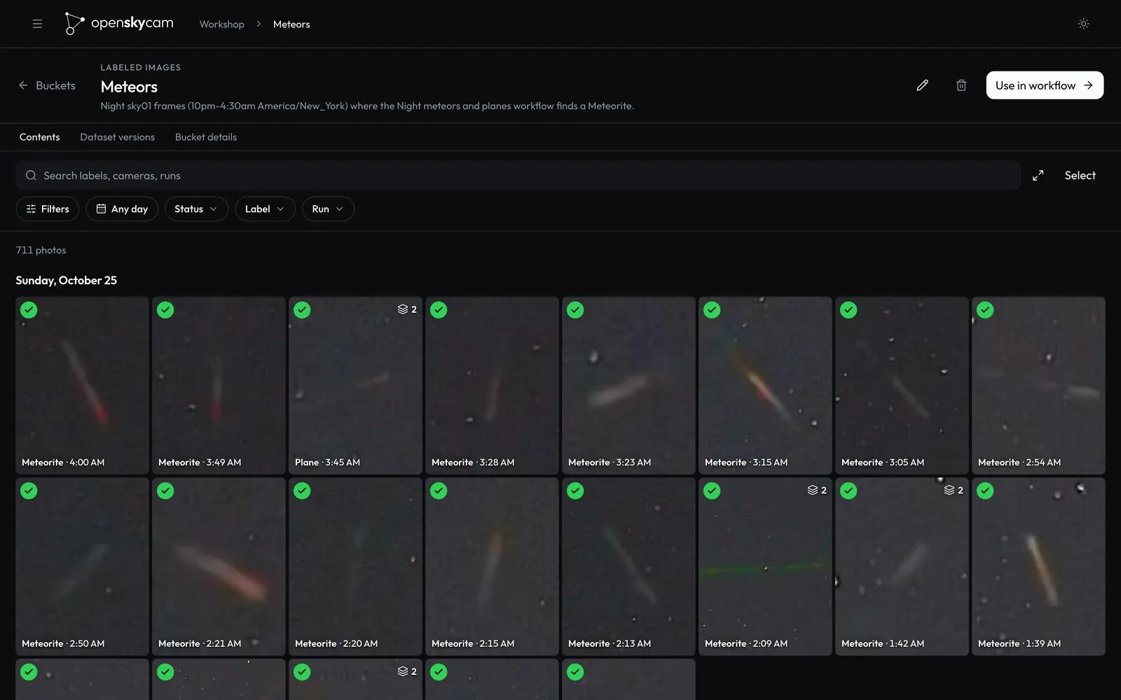 A grid of meteor detections in the Meteors bucket, one night of results